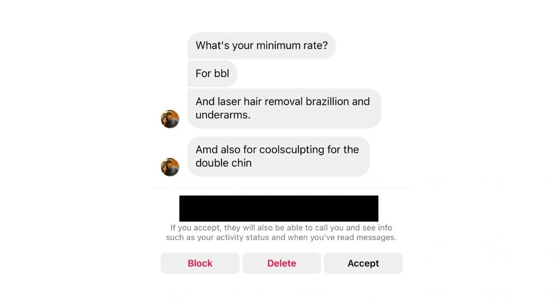 Customer messages asking: What’s your minimum rate? For BBL, laser hair removal and CoolSculpting.